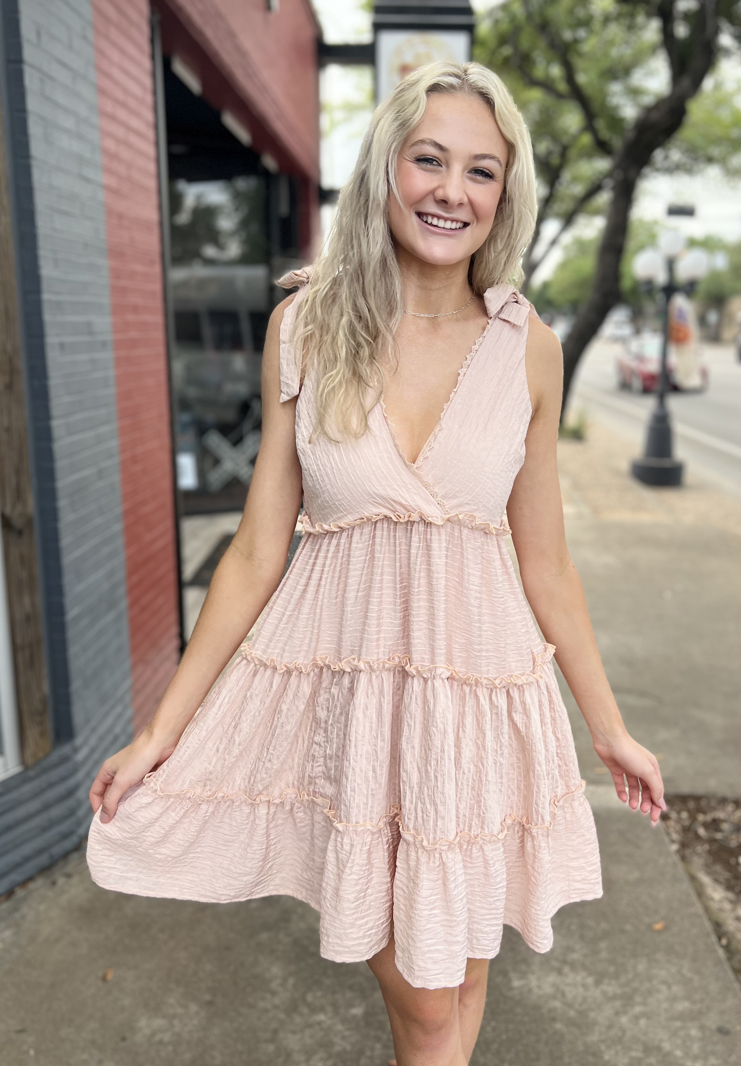 TIE SHOULDER BABYDOLL DRESS IN BLUSH Vickie B s on Main